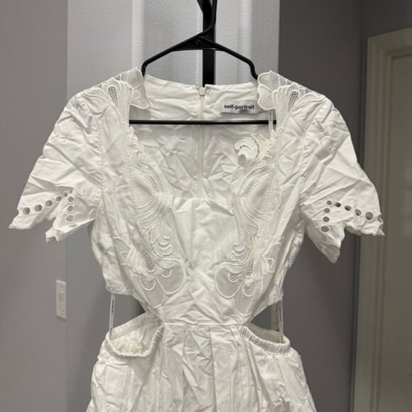 Self-Portrait White Broderie Scallop Midi Dress Cottagecore Prairie Side Sz 6 - Picture 3 of 10